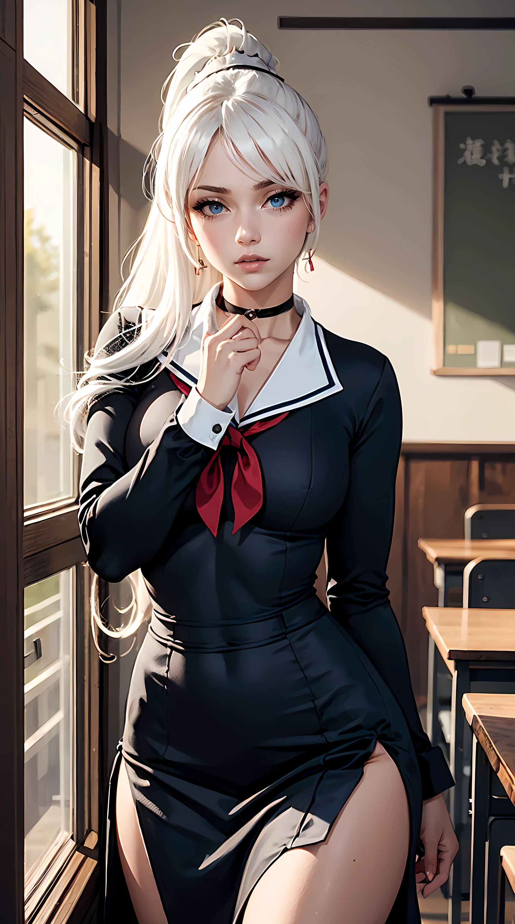 Beautiful white hair woman is shown to have a slender figure, she is wearing a Japanese school girl uniform, choker, sexy look, blue eyes, ponytail, girl in a classrom,sexy session, sexy pose, cowboy shot, superior quality, many details, realistic