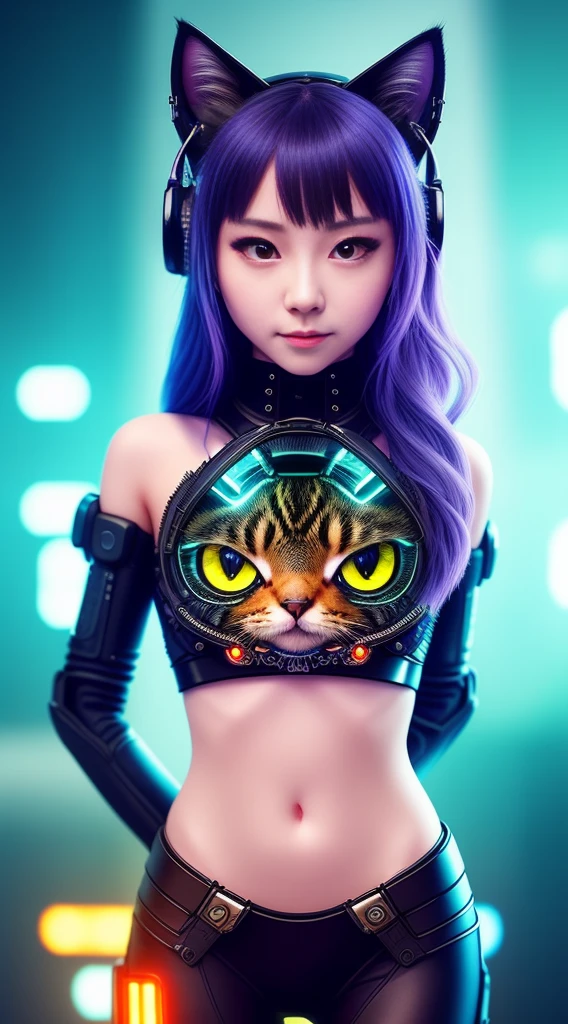 Live Recording、photo、Reality、Cute kitten inside a human body、、Cyberpunk style、((Intricate details))、HDR、((Intricate details、Ultra Detailed))、Movie Lenses、vignette