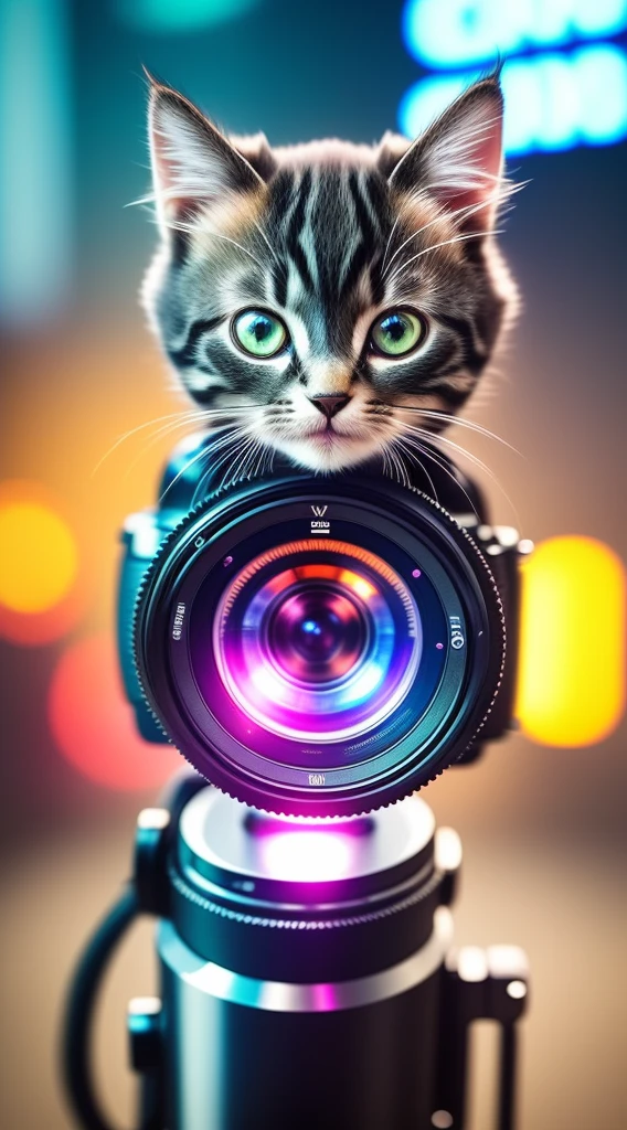 Live Recording、photo、Reality、Cute kitten inside a human body、、Cyberpunk style、((Intricate details))、HDR、((Intricate details、Ultra Detailed))、Movie Lenses、vignette