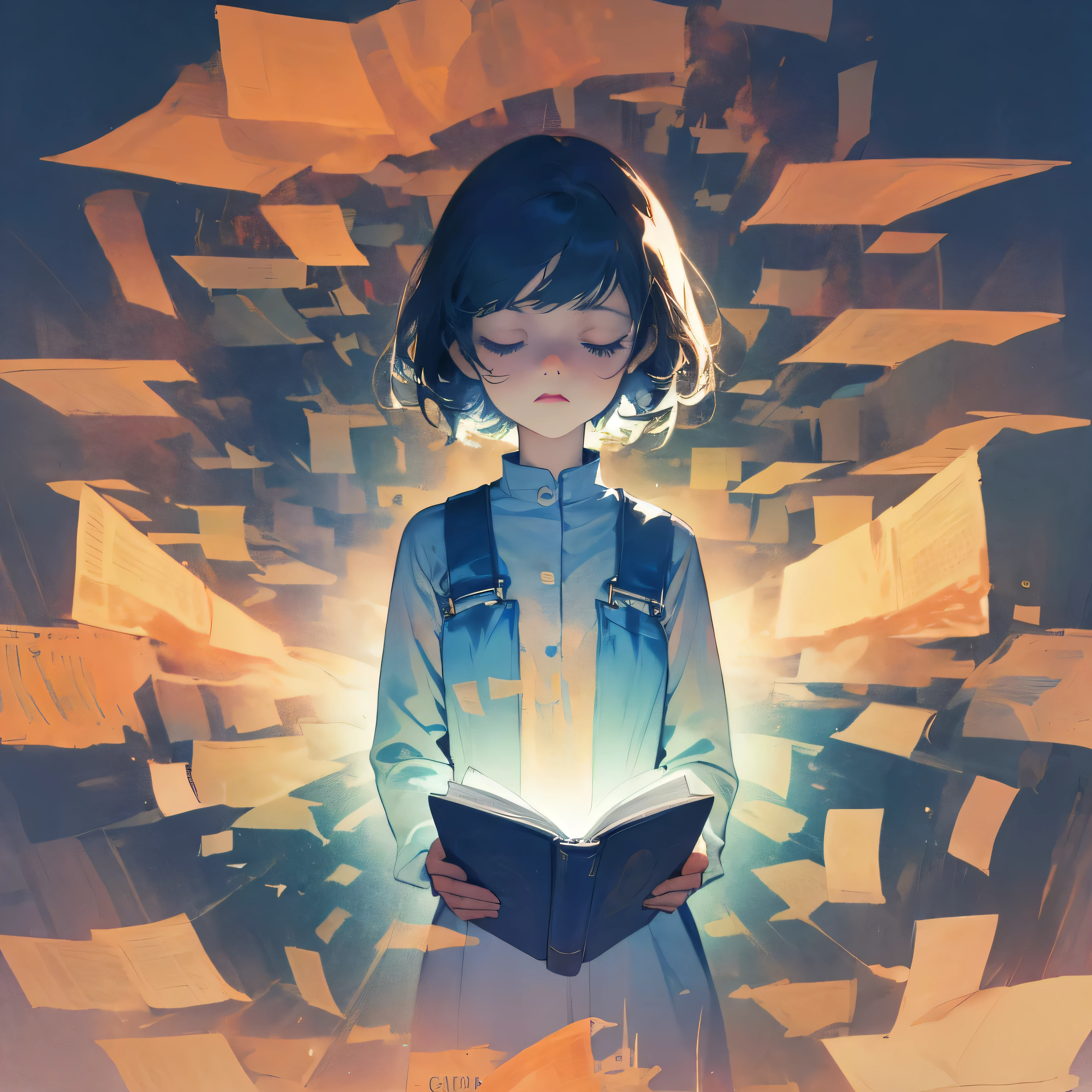 Praying Girl, bible world, Open a book、I want to have it、Double Exposure、Scroll Bible、Summer image as background、The overall color is bright、Blue