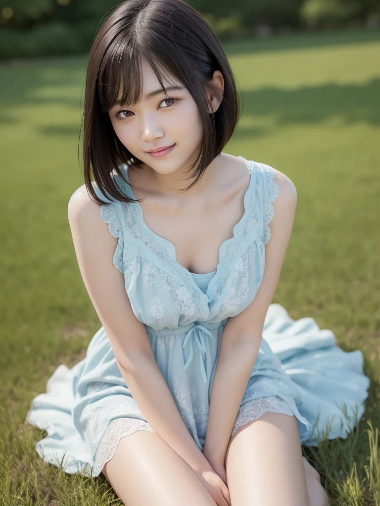 (highest quality:1.5)、(Realistic:1.5)、(1 person:1.5)、(Upper Body:1.5)、Very detailed、High resolution、8k wallpaper、、Small breasts、Natural color lips、Cute Smile、Japanese women、20-year-old girl、Beautiful and elegant face、Perfect and beautiful face、Big eyes、Brunette eyes、Beautiful and elegant face、Natural double eyelids、Natural Bangs、Beautiful thin nose、Beautiful Skin、Chestnut Hair、Medium Bob Hair、Short Hair、Natural Bangs、Perfect and beautiful face、Slim face and figure、(Looking at the camera with a cute expression)、Bright lighting、Professional Lighting、Forward lighting、Cute Smile、Summer blue sky、Grass park on the mountain、Look at the viewers、Low-angle composition、(Staring at the camera with a cute expression)、(Lighting the face)、Bright lighting、Professional Lighting、Forward lighting、Cute Smile、Beautiful clavicle、Beautiful feet:1.2、Smooth Skin、White floral dress、Sit on the grass、wariza, Place your hands between your legs、Beautiful thighs、Sit down、Leaning forward、Shots from low angles、Girl sitting、seiza、