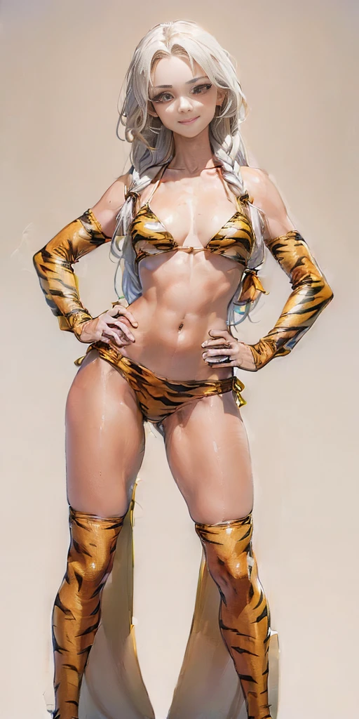 (((Plain background 1:2))) (masterpiece, high quality: 1.1) 1girl solo full body height standing straight symmetrical looking to the viewer, view from below, far shot, cow boy shot, hairstyle with a braid, white colored hair, yellow eyes, perfect lighting, muscular, thighs, mature woman, mummy, bellybutton, abs, looks at the viewer smile RED CHEEKS, extremely huge breasts, maternal, porcelain skin, extra very long hair, sparkly skin, good face, chest cover, HANDS ON HIPS (yellow tiger bikini print long sleeves and long stockings)