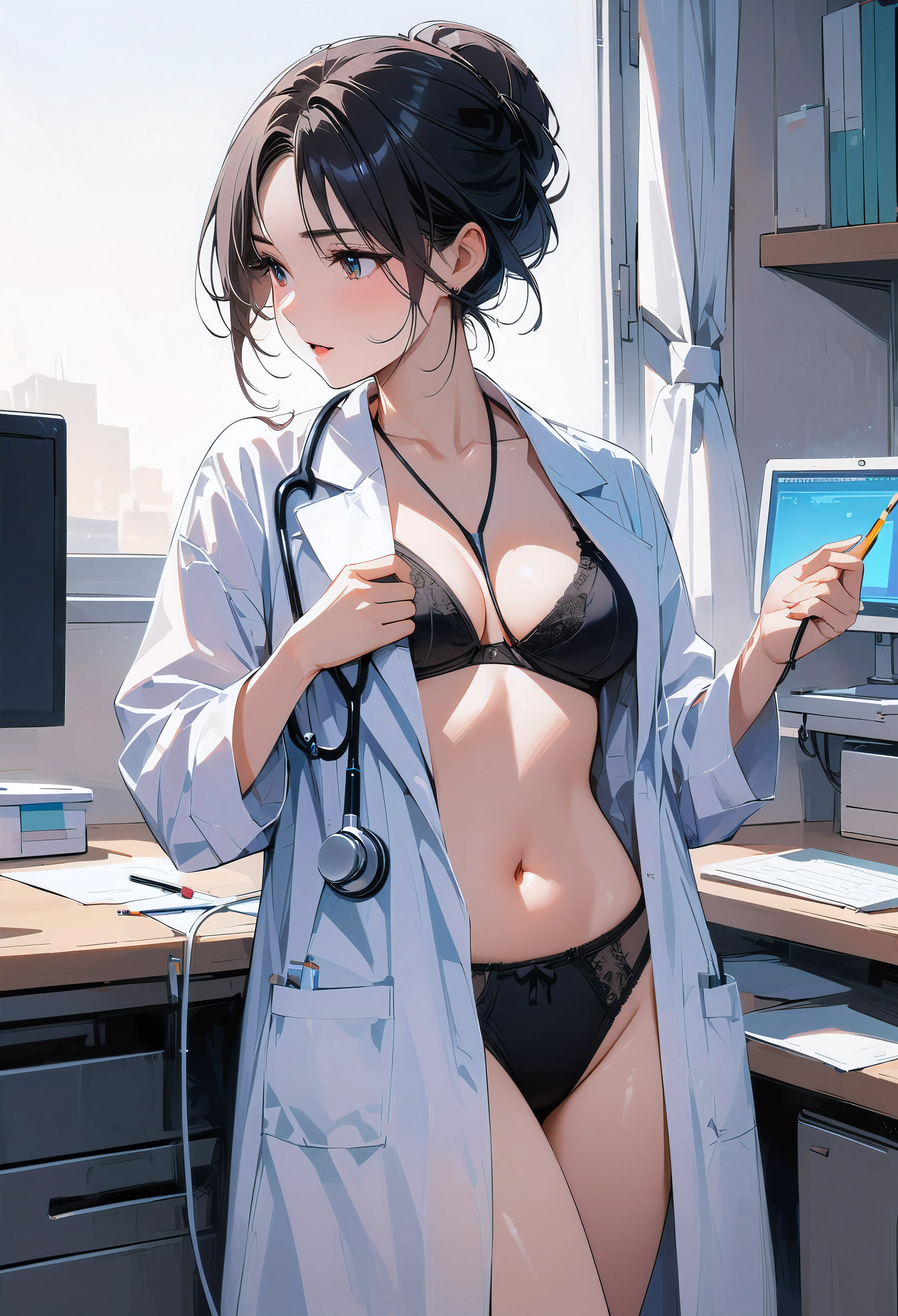 8K,high-level image quality、reality、solo ,(Female doctor)、doctor uniform ,hospitals、(white lab coat), (hospital examination room) indoors, work desk, 、Chest Reveal、black hair ,hair bun ,sexy , (wearing black underwear under the coat:1.2) , underwear , cowboy shot , Stethoscope