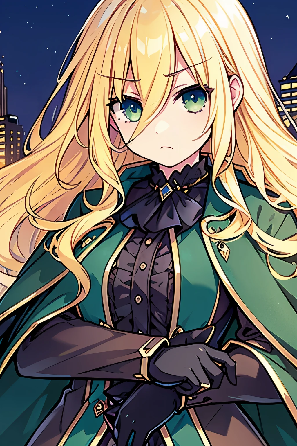 Masterpiece, best quality, 1girl, beautiful detailed eyes, finely detailed, blonde hair, lon wavy hair, green eyes, clothes: brown fur coat, use black gloves, serious face, a mansion in the background
