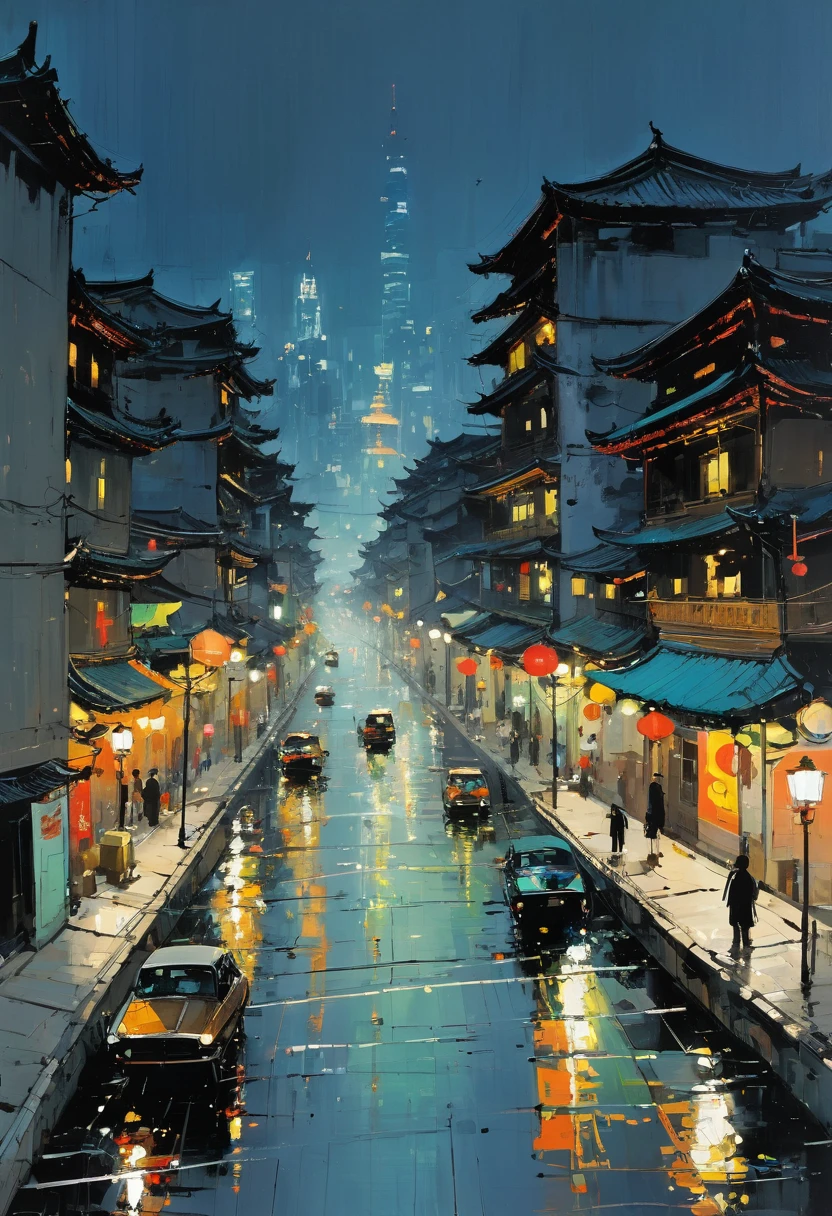 street, lights, night, by Wu Guanzhong, (masterpiece, best quality, perfect composition, very aesthetic, absurdres, ultra-detailed, intricate details, Professional, official art, Representative work:1.3)