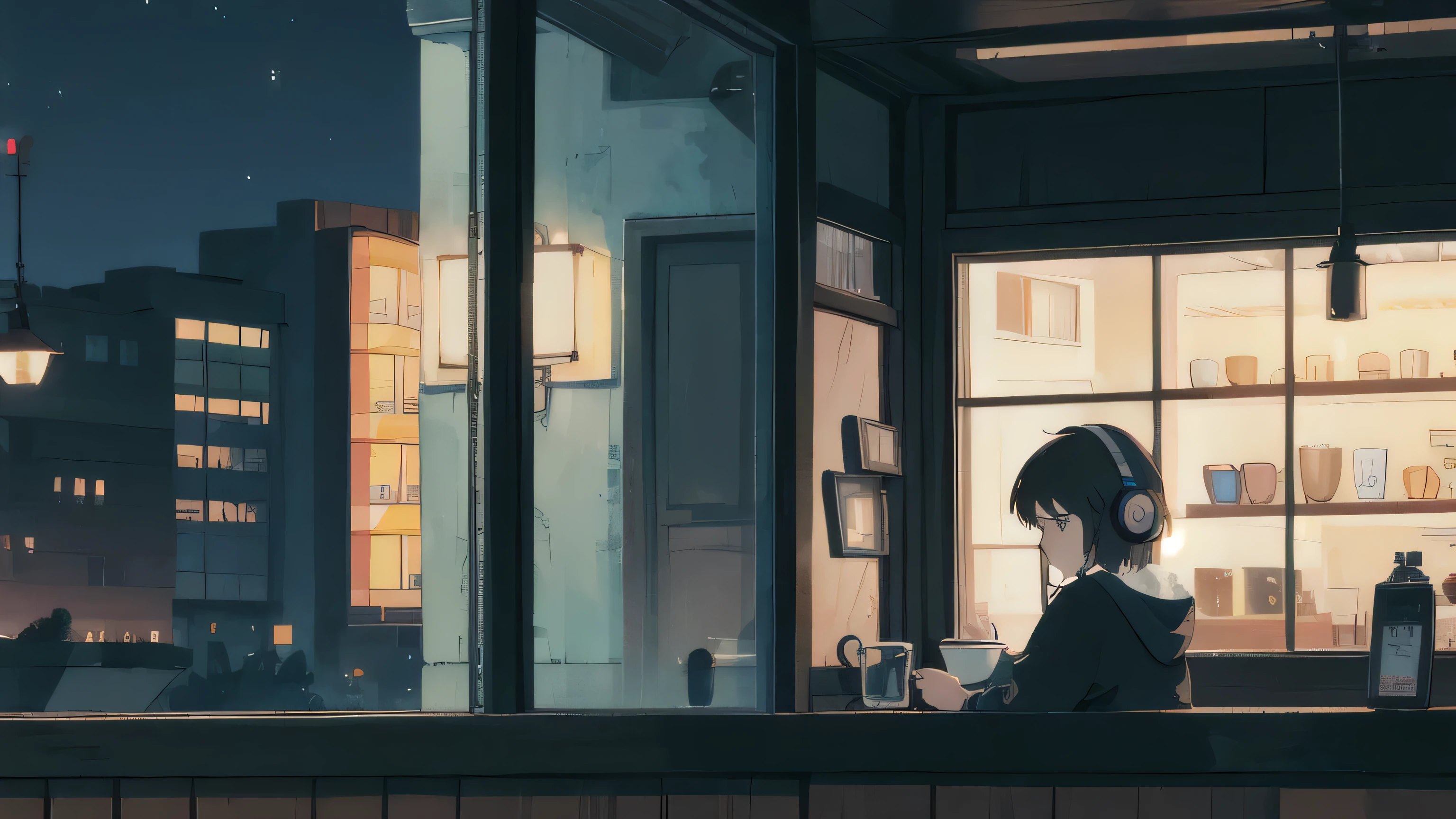 , night, Girl wearing headphones and drinking coffee, Large windows, Inside the cafe