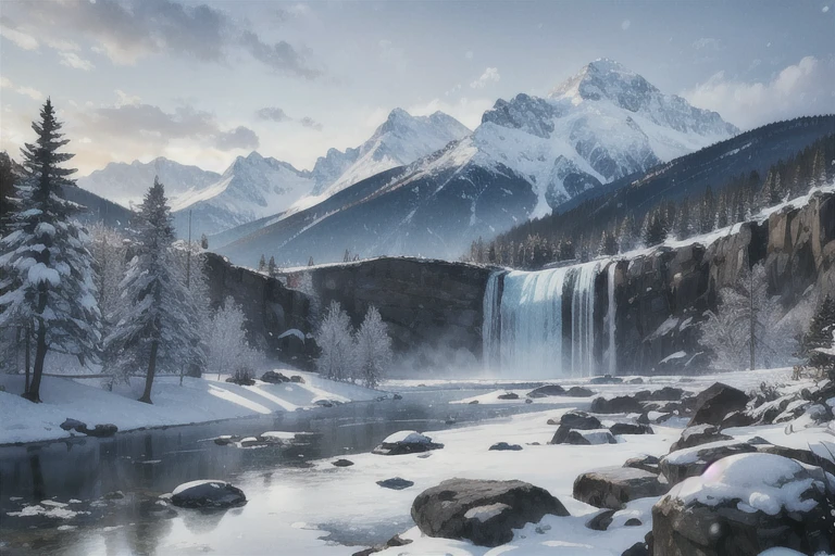 , cloud, cloudy null, Day, landscape, Mountain, Mountainous horizon, Outdoor, river, rock, scenery, null, snow, snowing, wood, water, waterfall
