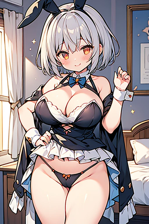 girl、high school student、Gray Hair、Short Hair、Bob、Orange Eyes、Thick thighs、((G-Cup))、Make your breasts bigger、smile、teasing、((highest quality))、Anime Style、Bunny girl、High leg cut、Rabbit Pose、Show off your cleavage、Shoulders stick out、I can see your crotch、Bedroom