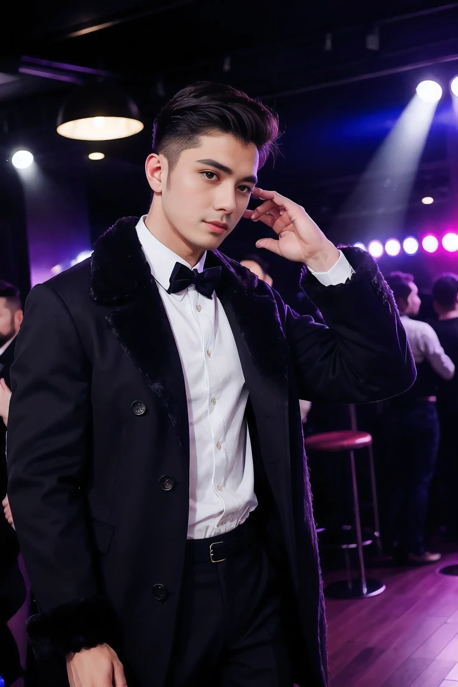 handsome male,solo,Casual dress,feather coat,dutch angle ,nightclub
