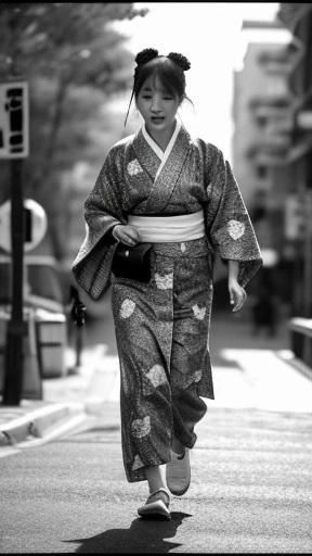 A kimono-clad zombie is walking、Monochrome