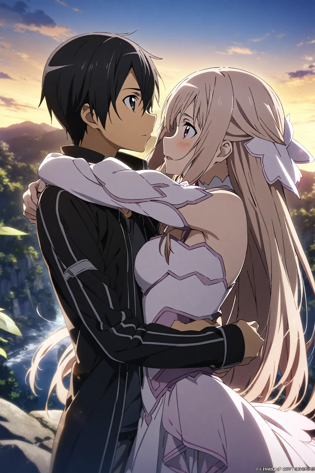 1girl and 1boy, asuna \(stacia\) and kirito, sword art online, hug, masterpiece, best quality, very aesthetic, absurdres