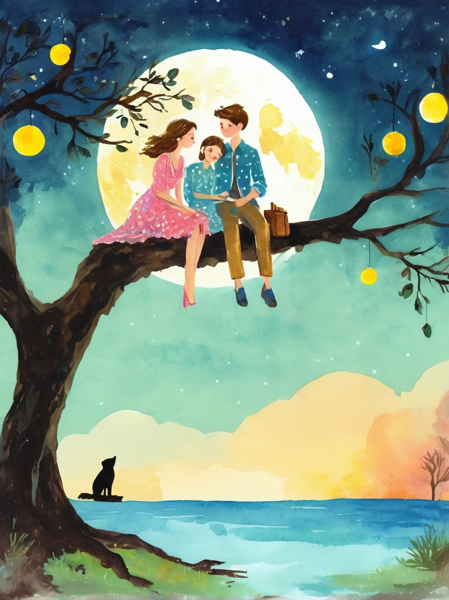 Romantic,night,Backlight,A man and a woman sitting on a tree branch,There is a full moon behind it,Alexander,repeat,Fresh colors,Soft colors,Ink and watercolor,Vector illustration,Diode lamp,Concept art style,Extremely complex details,Clear distinction between light and dark,Layered,Ultra HD