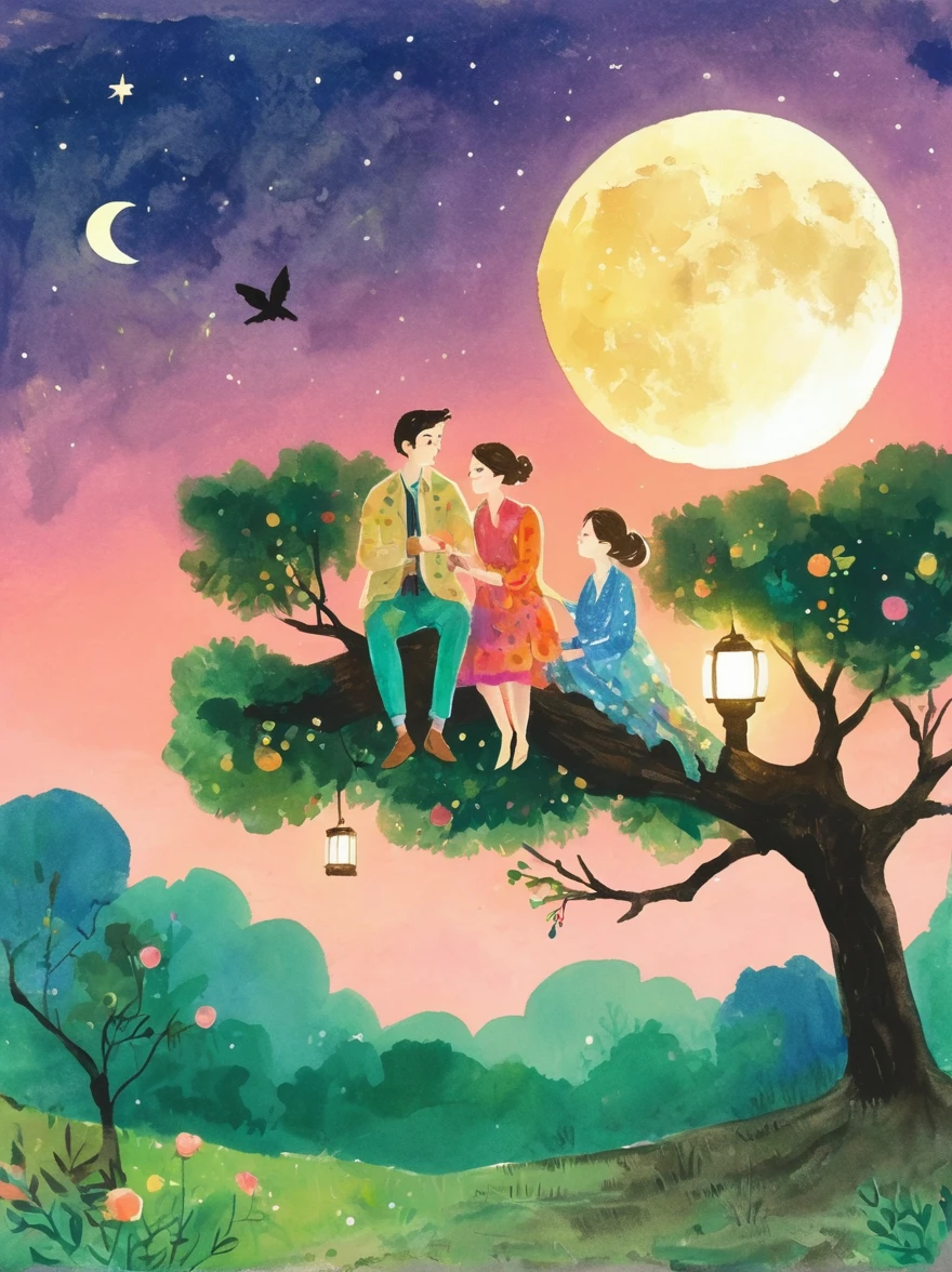 Romantic，night，Backlight，A man and a woman sitting on a tree branch，There is a full moon behind it，Alexander，repeat，Fresh colors，Soft colors，Ink and watercolor，Vector illustration，Diode lamp，Concept art style，Extremely complex details，Clear distinction between light and dark，Layered，Ultra HD