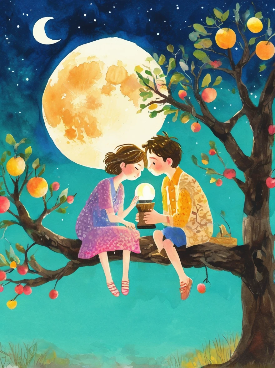 Romantic,night,Backlight,A man and a woman sitting on a tree branch,There is a full moon behind it,Alexander,repeat,Fresh colors,Soft colors,Ink and watercolor,Vector illustration,Diode lamp,Concept art style,Extremely complex details,Clear distinction between light and dark,Layered,Ultra HD