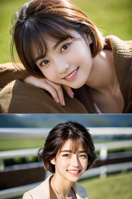 (masterpiece:1.3), (8k, Photorealistic, Raw photo, Best image quality: 1.4), Japanese 、(Random Hairstyles:1.2)、Cleavage:1.2、Super detailed face、Attention to detail、double eyelid、Put your chest together、Sharp focus:1.2、Beautiful woman:1.4、Light brown hair、highest quality、masterpiece、超A high resolution、(Photorealistic:1.4)、Highly detailed and professionally lit smile、thin、Serious expression、Short-haired、Deadly position、Two shots with a horse、A photo with a thoroughbred、Horse riding scenery、