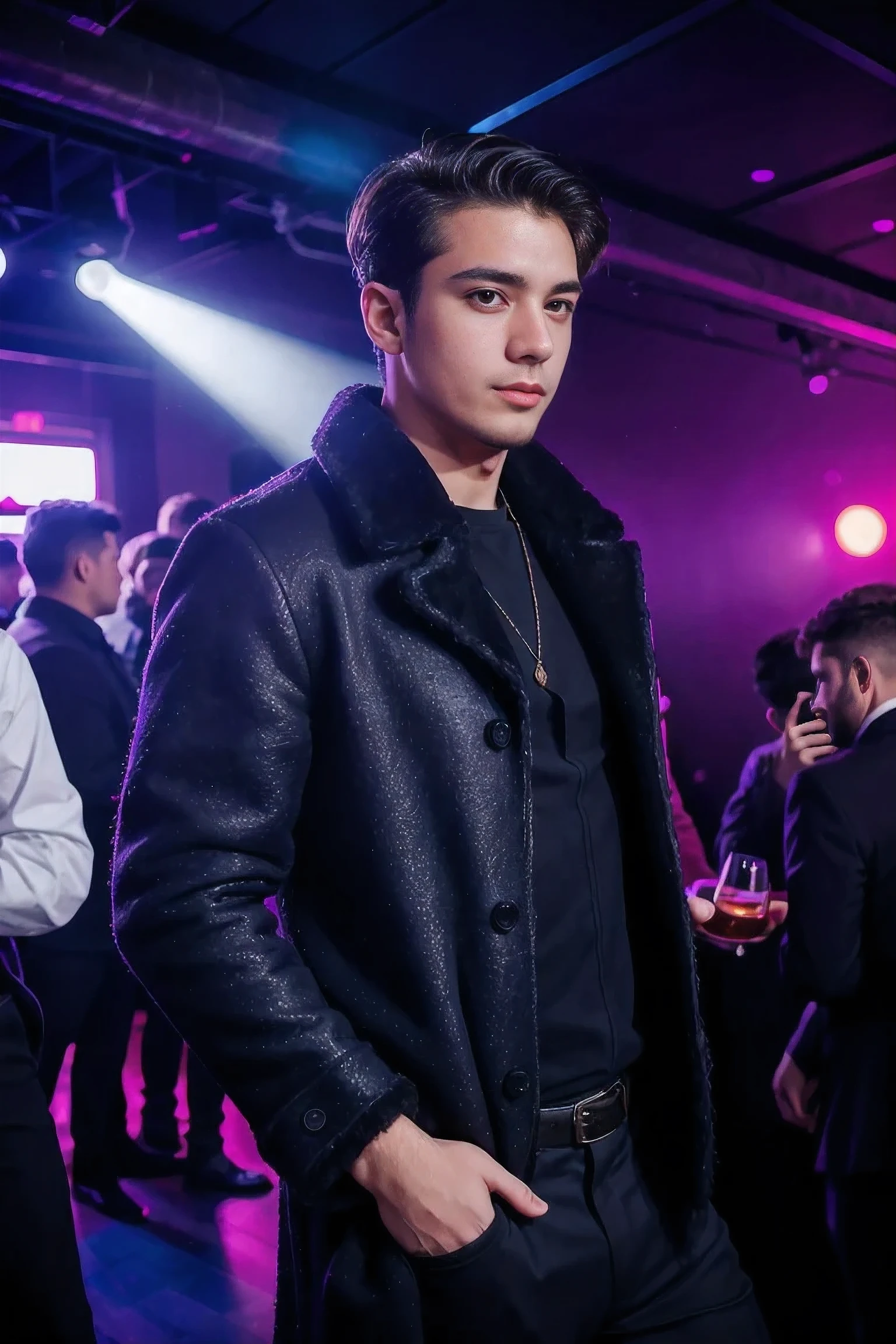 handsome male,solo,Casual dress,feather coat,dutch angle ,nightclub