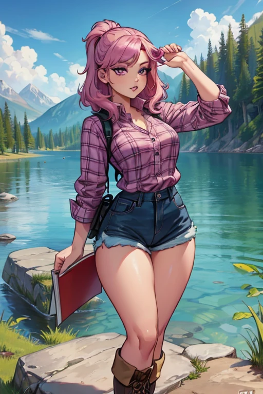 A pink haired woman with violet eyes with an hourglass figure in a plaid shirt and shorts and hiking boots is reading by the lake