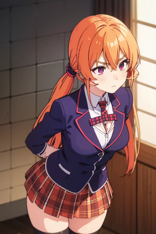 gefesselte Arme, Arms behind the back, ((erröted)), ((gefesselte Handgelenke, Ankle with rope)), ((Arms behind the back)), ((Shibari over clothing)), 4k quality, verlegener gesichtsausdruck, anatomisch perfekt, blushes, ((Twin tails)), auf dem Bett sitzend, erina nakiri, long hair, orange hair, (purple eyes:1.1), hair between eyes, skirt, thighhighs, bow, , jacket, pleated skirt, shoes, black thighhighs, zettai ryouiki, plaid, plaid skirt, blazer