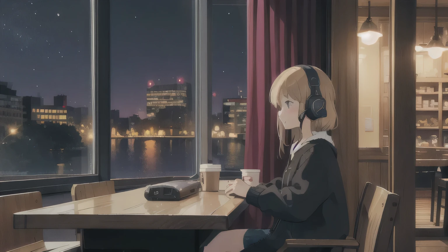 , night, Girl wearing headphones and drinking coffee, Large windows, Inside the cafe