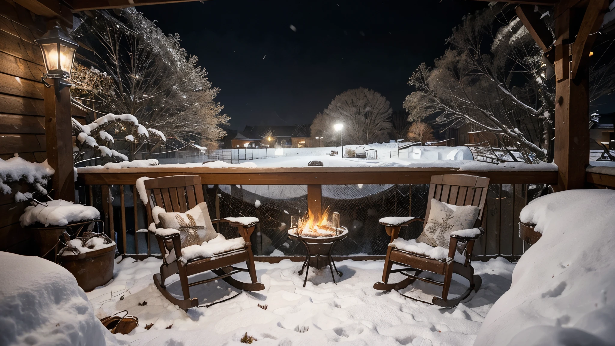 there are two chairs sitting on a porch with a fire place, outside in snow snowing, snowfall at night, light snowfall, snowing outside, perfect lighting in a snow storm, snow falling, snowy night, snowflakes falling, winter setting, atmospheric cold lighting, snow is falling, moonlight snowing, cozy setting, cinematic outdoor lighting, cozy and peaceful atmosphere