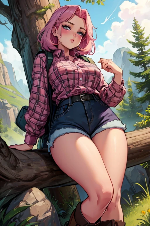 A pink haired woman with violet eyes with an hourglass figure in a plaid shirt and shorts and hiking boots is blushing underneath a tree