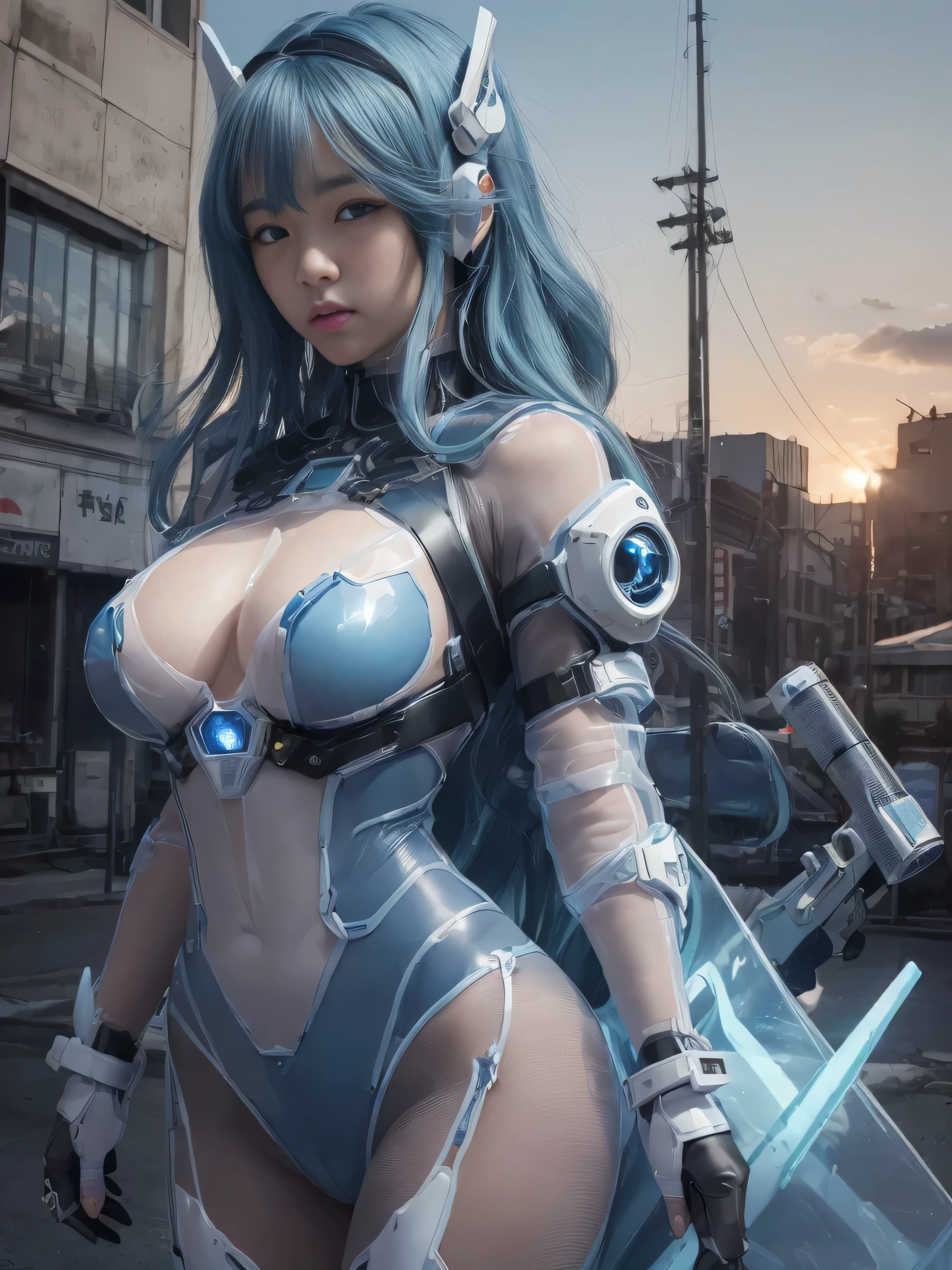 (RAW quality:1.4), One Girl, Japanese, 14 years old, Textured skin, Long sky blue hair, Very detailed, Advanced Details, high quality, 最high quality, High resolution, 1080p, hard disk, beautiful,(Gundam),Beautiful cyborg woman,large body,((Wearing Futuristic Transparent Reinforced Plastic Machine Parts。:1.4)), Nipples covered with transparent mechanism, Mechanically protected front groin, Exposed lower abdomen, The bare skin of the large body is exposed., large body naked, Perfect Proportions, Great tit, (He carries a lot of weapons on his back..:1.4), (Hero Pose), Cowboy Shot, (Short-cut straight hair that looks beautiful in blue and white:1.4), folded building background, City in flames, (The blue LED on the bust top glows strongly:1.4), Biologically correct,