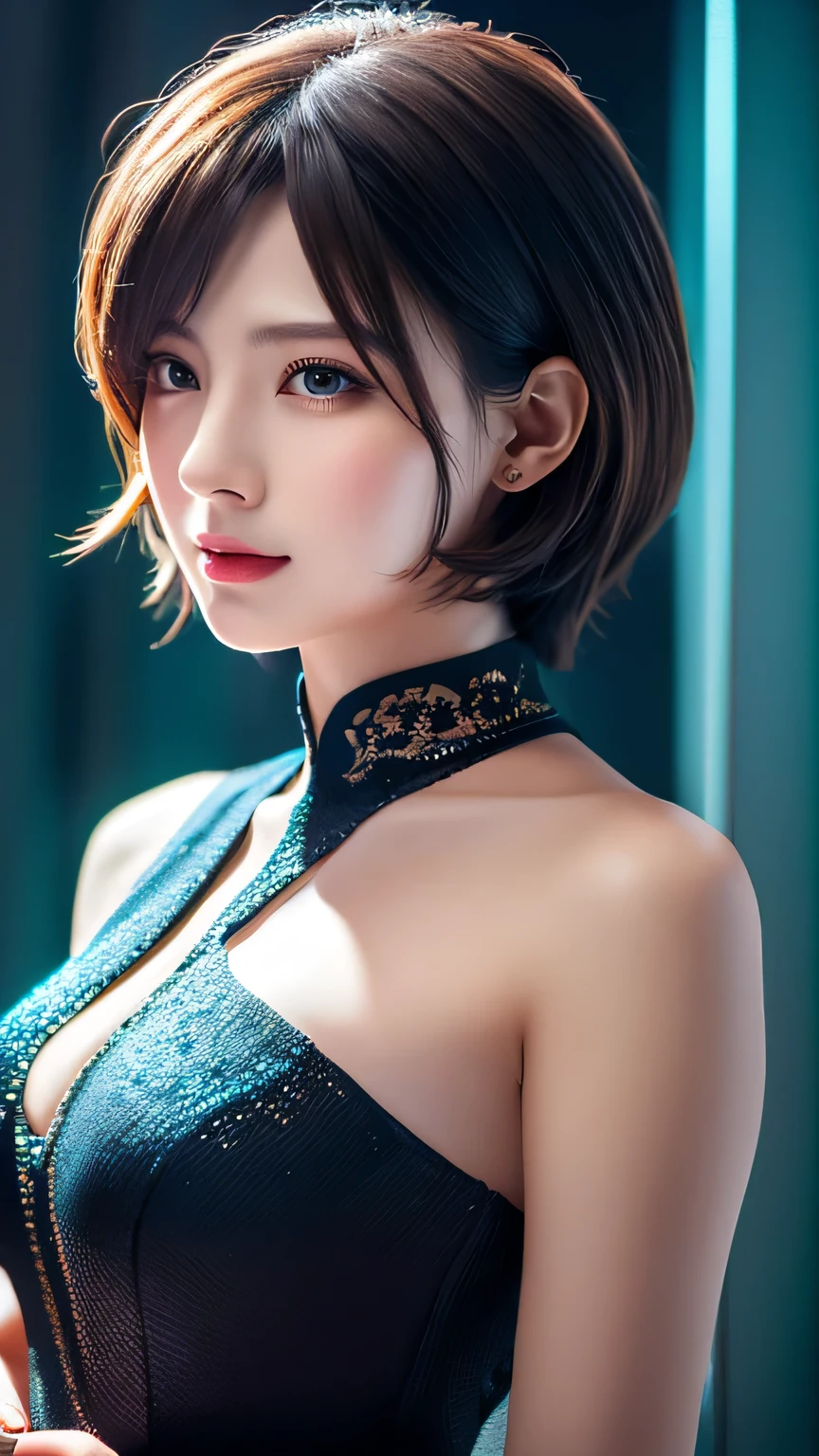 highest quality、colorful、Ray Tracing、Perfect lighting、Highly detailed 8k wallpapers、Detailed Background、High resolution、One woman、、Beautiful and realistic face、Overly detailed art、Cool short hair、Upper body visible、Looks good in formal attire