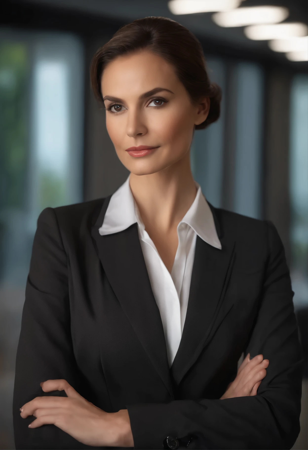 (8k, RAW Photo, best quality, master part: 1.2), (realistic, Photorealistic: 1.37), 1 woman in suit standing with arms crossed, law office landscape, Professional Lighting, photon mapping, radiosity, European woman, dark brown hair, thinning hair, medium cut hair, white skin, accentuated nose, eyes the color of dry leaves, looking at the camera, slight smile, shirt, woman in suit, silk suit