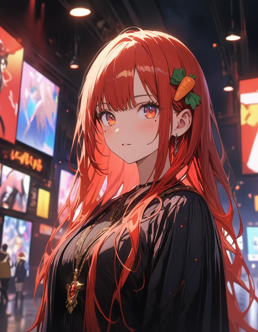 Multicolored Hair, Gradient Hair, carrot hair ornament, Mole under the eye, Amber Eyes, Attention to detail, Verism, Hyperrealism, modern art, Cinema Lighting, Shine, Wide Shot, debt/1.2, highest quality, Awards, 8k, Super Detail, 超High resolution、(highest quality、masterpiece、High resolution、detailed)、animeスタイル、Flat Style、(Beautiful Eyes, Delicate and beautiful face, ),  BREAK,1 girl、extremely detailed、Dynamic Angle、anime