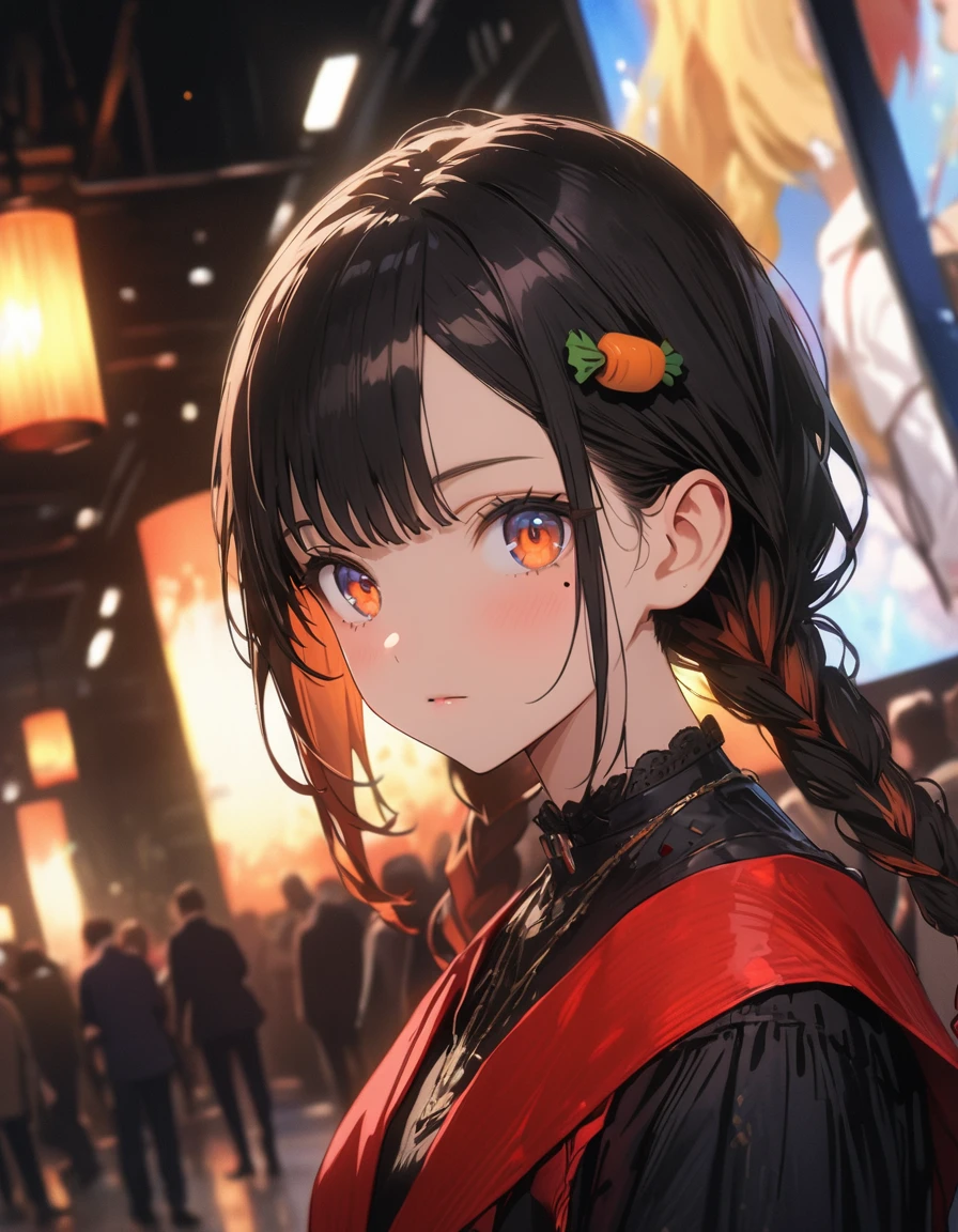 Multicolored Hair, Gradient Hair, carrot hair ornament, Mole under the eye, Amber Eyes, Attention to detail, Verism, Hyperrealism, modern art, Cinema Lighting, Shine, Wide Shot, debt/1.2, highest quality, Awards, 8k, Super Detail, 超High resolution、(highest quality、masterpiece、High resolution、detailed)、animeスタイル、Flat Style、(Beautiful Eyes, Delicate and beautiful face, ),  BREAK,1 girl、extremely detailed、Dynamic Angle、anime