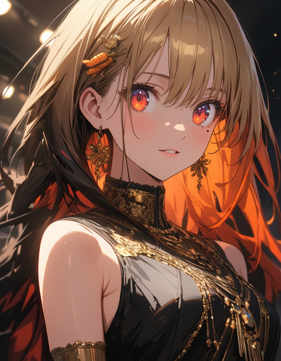 Multicolored Hair, Gradient Hair, carrot hair ornament, Mole under the eye, Amber Eyes, Attention to detail, Verism, Hyperrealism, modern art, Cinema Lighting, Shine, Wide Shot, debt/1.2, highest quality, Awards, 8k, Super Detail, 超High resolution、(highest quality、masterpiece、High resolution、detailed)、animeスタイル、Flat Style、(Beautiful Eyes, Delicate and beautiful face, ),  BREAK,1 girl、extremely detailed、Dynamic Angle、anime