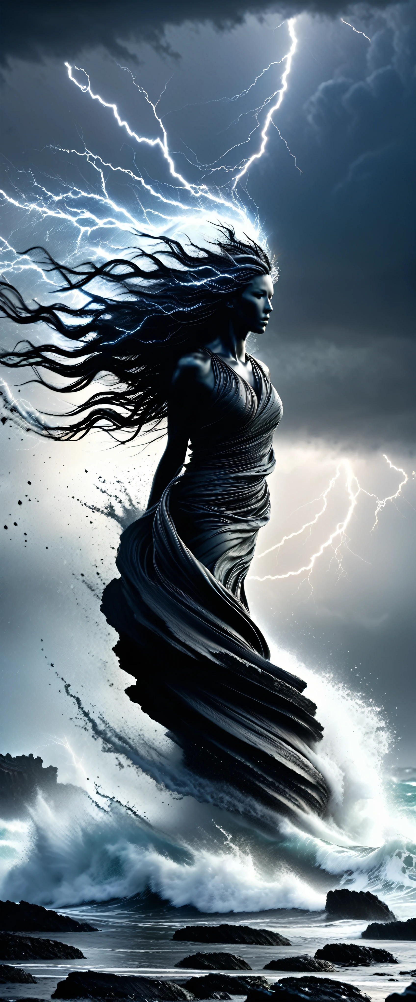 Black and White Photography,Stereoscopic photography,Large depth of field,High Definition,beach,coastal,Big sea waves,(Tornado),heavy rain,Flying rainstorm,windstorm,wind,hurricane,Gloomy sky,Thunder and lightning,Strange scorched stone,Big Strange Charred Stone,ancient,Windization,deserted,(RAW photos,Best quality),(reality,Photo reality:1.3),masterpiece,Extremely exquisite and beautiful,high resolution,Original,Perfect lighting,(Extremely detailed CG:1.2),Unite,2k wallpaper,Amazing,Fine details