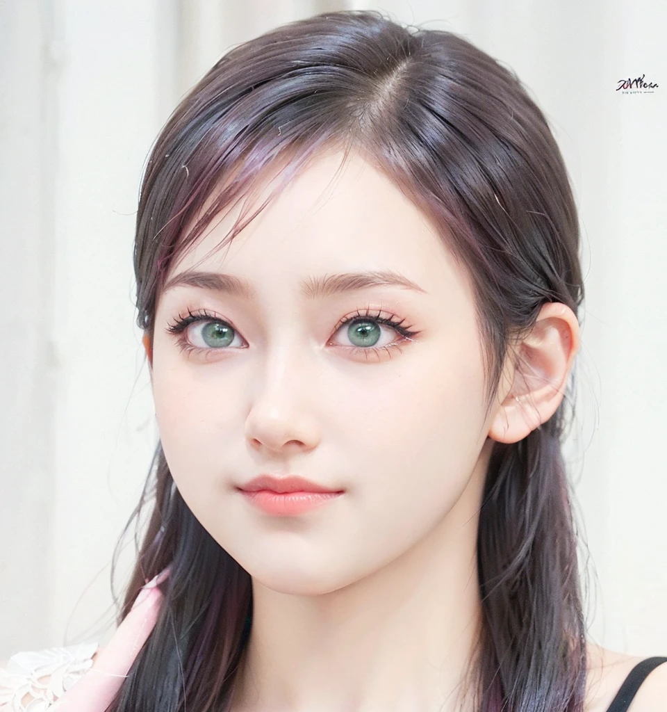 young woman, short shoulder-length pink hair, wide forehead, porcelain skin, pink eyebrows, big emerald green eyes, buttoned nose, full lips, heart-shaped face, slender body, small breasts, red tank top, Sakura Haruno , realistic, realism, details, 3d, well detailed
