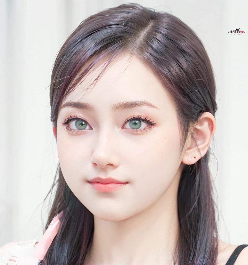 young woman, short shoulder-length pink hair, wide forehead, porcelain skin, pink eyebrows, big emerald green eyes, buttoned nose, full lips, heart-shaped face, slender body, small breasts, red tank top, Sakura Haruno , realistic, realism, details, 3d, well detailed