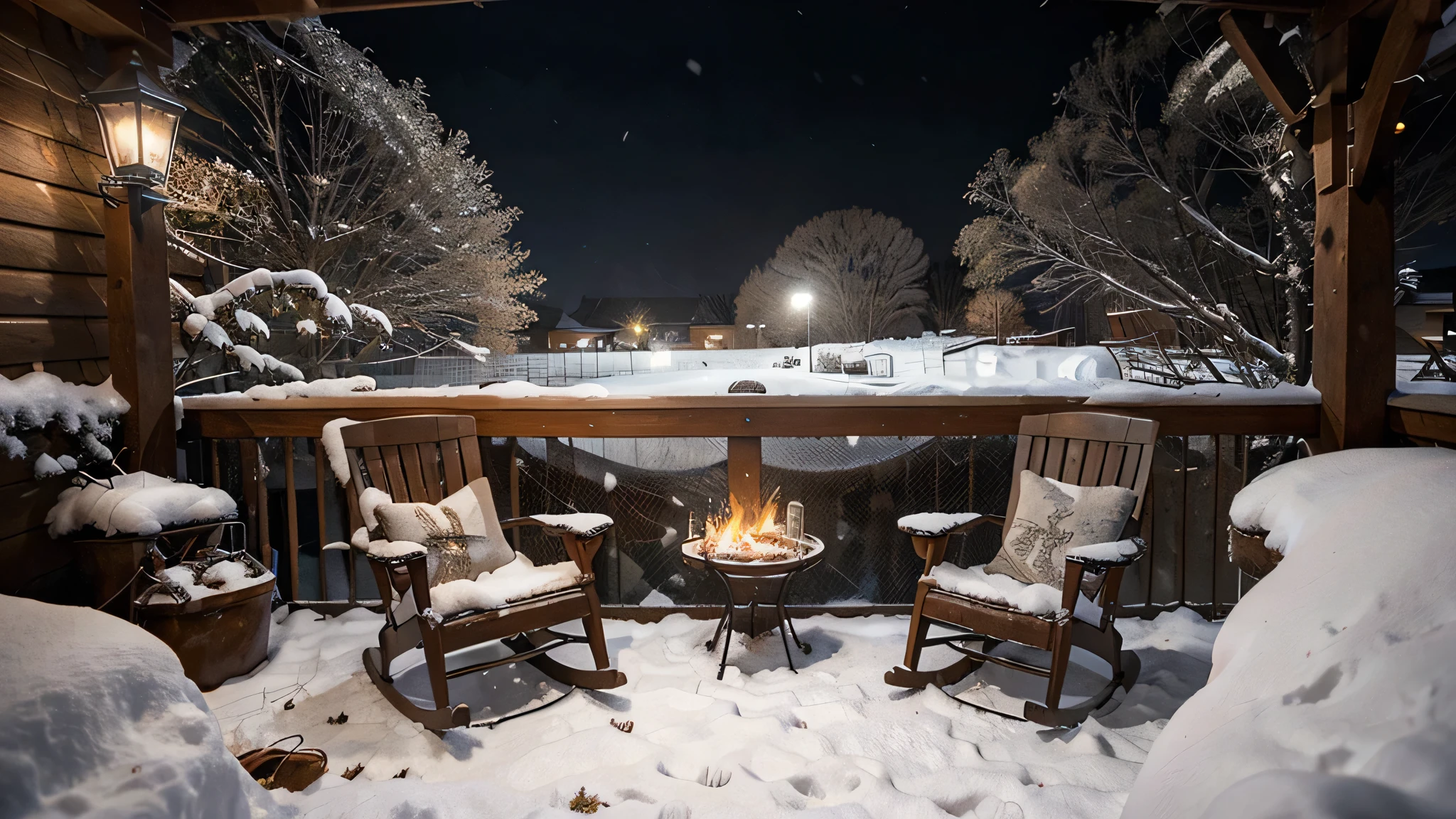 there are two chairs sitting on a porch with a fire place, outside in snow snowing, snowfall at night, light snowfall, snowing outside, perfect lighting in a snow storm, snow falling, snowy night, snowflakes falling, winter setting, atmospheric cold lighting, snow is falling, moonlight snowing, cozy setting, cinematic outdoor lighting, cozy and peaceful atmosphere