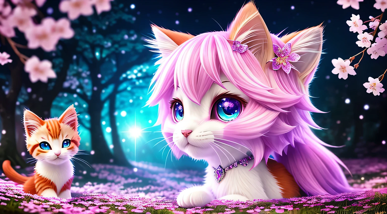 Side view, supersaturation, Be colorful, fairy tale, dream-like, Cinematic character rendering, oil, 3D, 8K resolution, sequins, Sparkling, cherry blossom forest, moonlight, Anthropomorphic kitten king cute adorable chibi portrait close up, fine eyes, Large round reflective eyes,