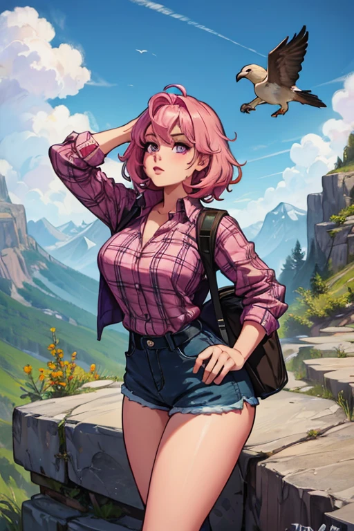 A pink haired woman with violet eyes with an hourglass figure in a plaid shirt and shorts and hiking boots is checking out a bird