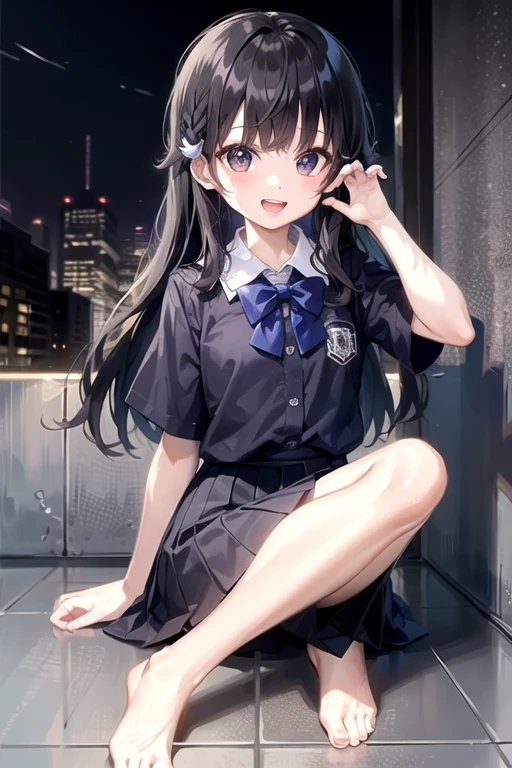 ,Night cityscape, Cyberpunk City,Soft Light,One girl,Very beautiful face,bust,Put your hands down,Random hairstyle,Random Expressions,Big eyes, ,Lower abdomen,(short-sleeved
JK_shirt),JK_style,(dark blue JK_skirt) ,(bow JK_tie),Mix ung!、one person、Long Hair、Black Hair、With bangs、small、Laughter、Big eyes、barefoot、Short sleeve、black eye、cute、Spread your legs、With ribbon、skirt、small胸、身長のsmall、