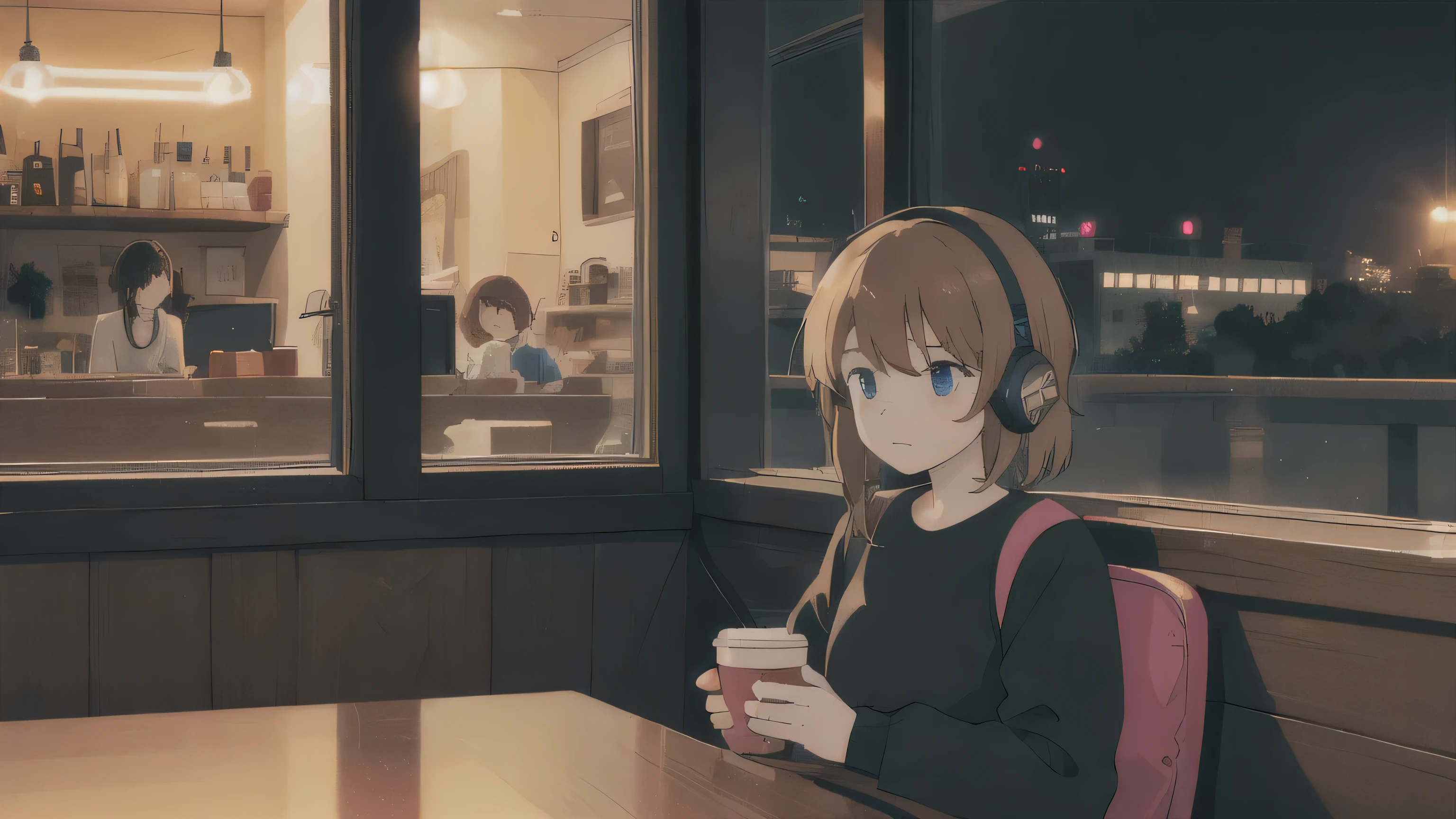 , night, Girl wearing headphones and drinking coffee, Large windows, Inside the cafe