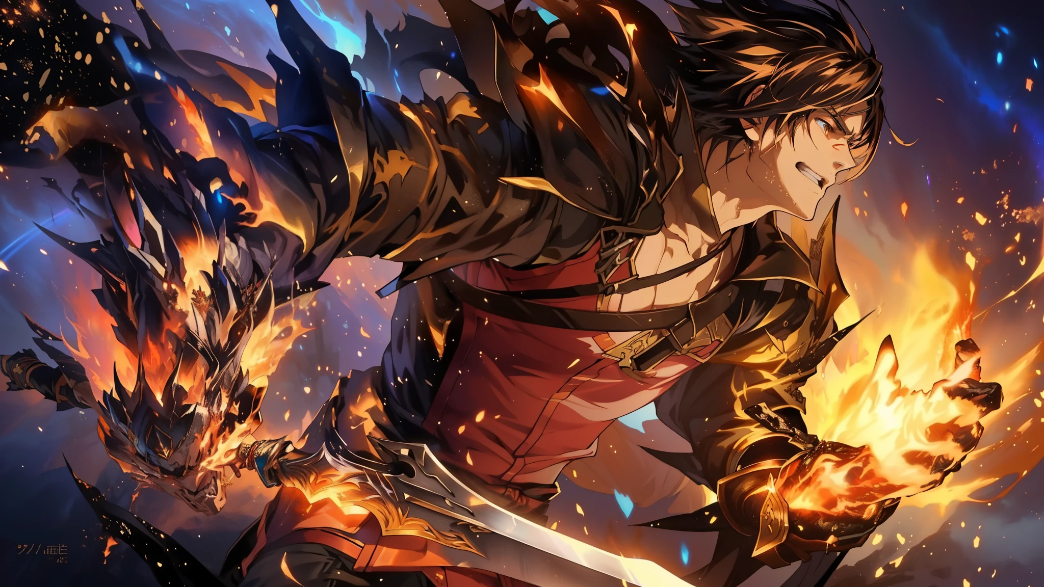 Master piece, best quality, anime, anime boy, man with sword, bracelet on fire, fire, sword, fire, fire, flames, fire, anime epic artwork, ((FINAL FANTASY XVI)) ((CLIVE ROSFIELD)), high definition anime art, detailed digital anime art, hd anime wallpaper, epic fantasy art style hd, badass anime 8 k, hd anime wallaper, 2. 5 d cgi anime fantasy artwork, 4k anime wallpaper, detailed anime art, ultra hd anime wallpaper, KAZUYA TAKAHASHI, TETSUYA NOMURA STYLE, TAKESHI OBATA STYLE.