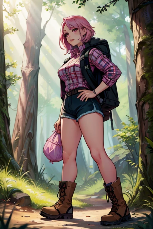 A pink haired woman with violet eyes with an hourglass figure in a plaid shirt and shorts and hiking boots is hiking through the woods