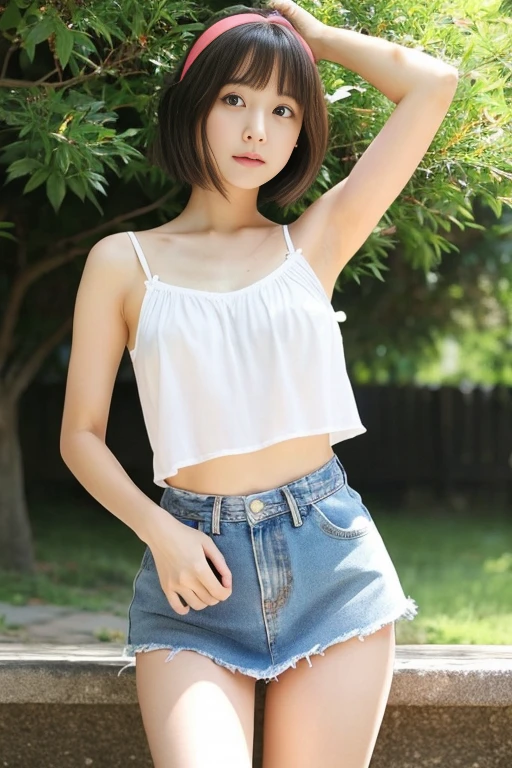 8k,Japanese,8-year-old,Innocent and innocent face,Highly detailed face,Kind eyes,,Straight Bang Hair,Hair blowing in the wind,A denim miniskirt that is too short、girl,cute,Summer clothes,Casual wear,camisole,I can see your tummy、Her belly button is visible、Random Skirt,Legs wide open、Thighsの付け根が見えてる、I can see your underwear、In the shade,Sitting,Short black hair,Décolletage,Thighs、Headband