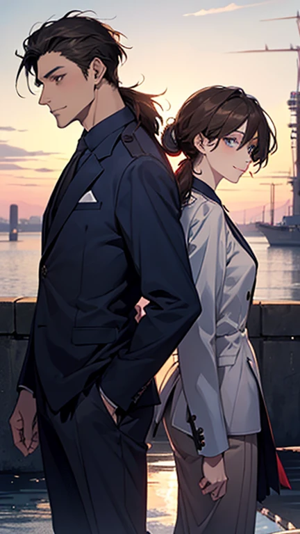 masterpiece, highest quality, 2 He, Couple, One man and one woman,mature, Adult, Height difference, Different Fashion, Different colors, Fine eyes and a fine face, ,Men have dark blue hair, A man with a navy blue low ponytail,suit,Intricate details,,Dawn Sky,Standing back to back,Smiling man with navy blue low ponytail,Woman with long dark brown hair,Woman with down hair,Dark blue eyed man, Woman with light blue eyes,Stand back to back,
