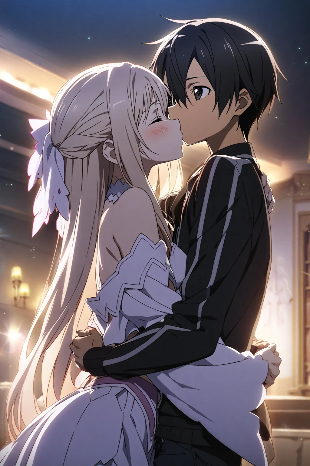 1girl and 1boy, asuna \(stacia\) and kirito, sword art online, hug, kiss, masterpiece, best quality, very aesthetic, absurdres
