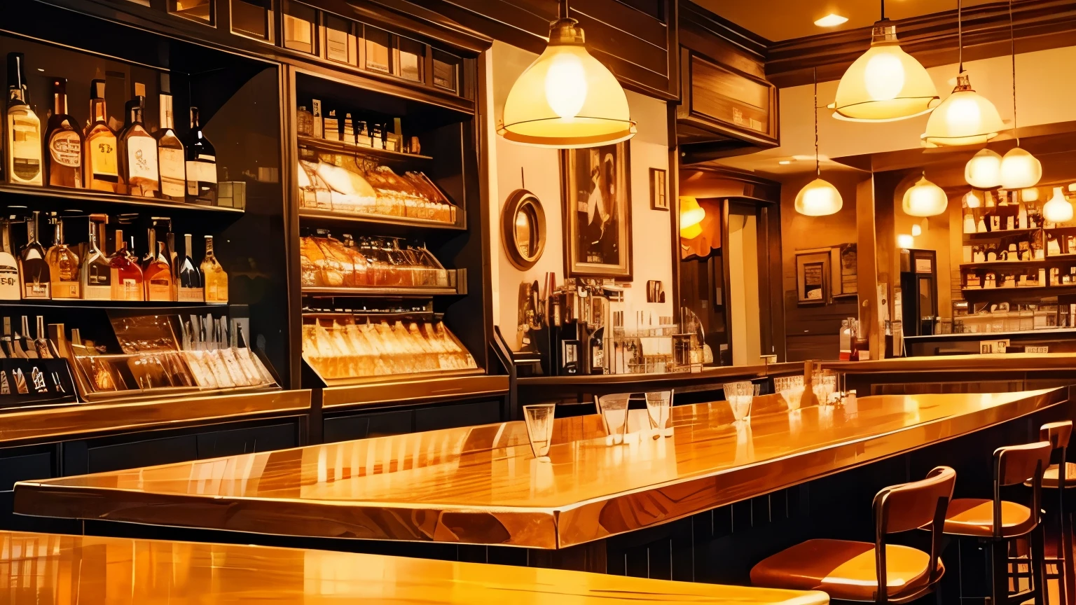 A restaurant with an American retro jukebox、Whiskey glass on the counter、Ghibli Style