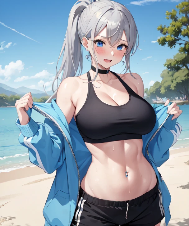 (((masterpiece))), ShizukaMikazuki, One Girl, alone, View your audience, Long Hair, Gray Hair, Long sleeve, Cleavage, Huge big breasts,clavicle, Mature Body,Healthy Abs,Make your face a little smaller,Make your breasts bigger,tall,Blushing,Pie Ponytail,Blouson, Open clothes, open Blouson, blue Blouson,nude,Black sports bra,Black hot pants, Play sports often, Choker with charm,Earrings,Belly piercing,Laughing embarrassedly,blue eyes,natural Park,Shooting from an angle,Sweat all over,