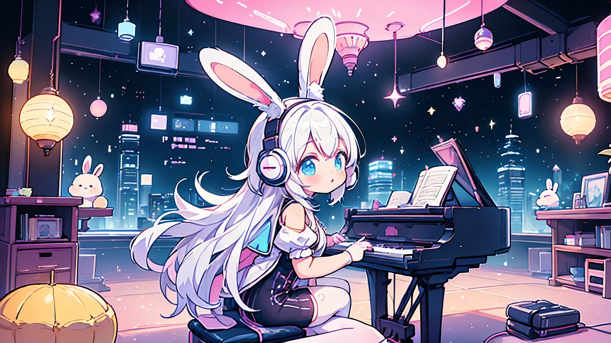 Orchestra Hall,Anime white hair girl with headphones, wearing rabbit ears,Cyberpunk clothing,Playing the piano,Romantic space, Futuristic interior, Cute stuffed rabbit, Cute art style, Anime Style 4k,Vivid Color