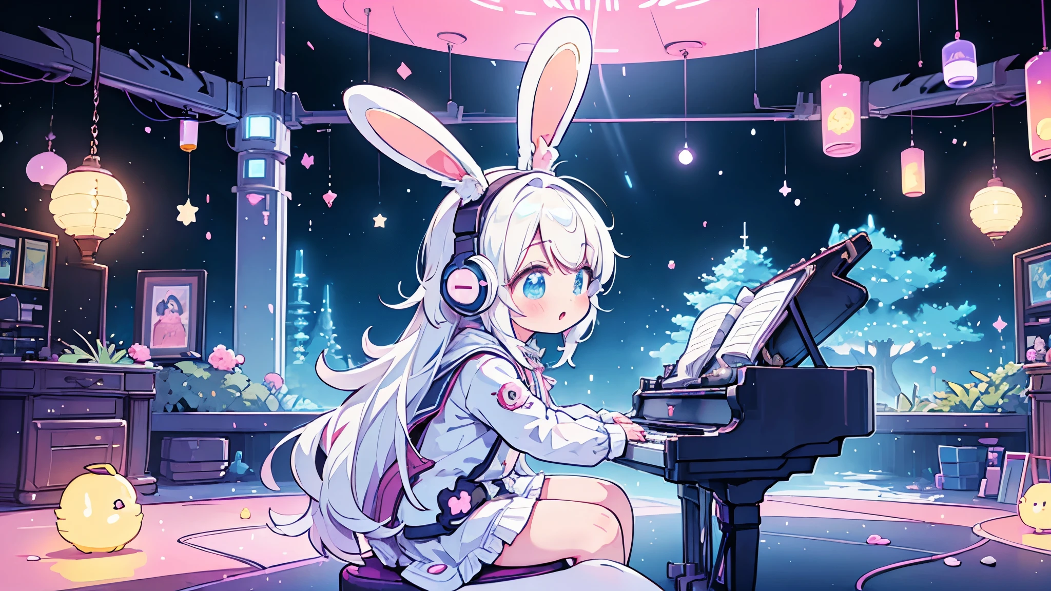 Orchestra Hall,Anime white hair girl with headphones, wearing rabbit ears,Cyberpunk clothing,Playing the piano,Romantic space, Futuristic interior, Cute stuffed rabbit, Cute art style, Anime Style 4k,Vivid Color