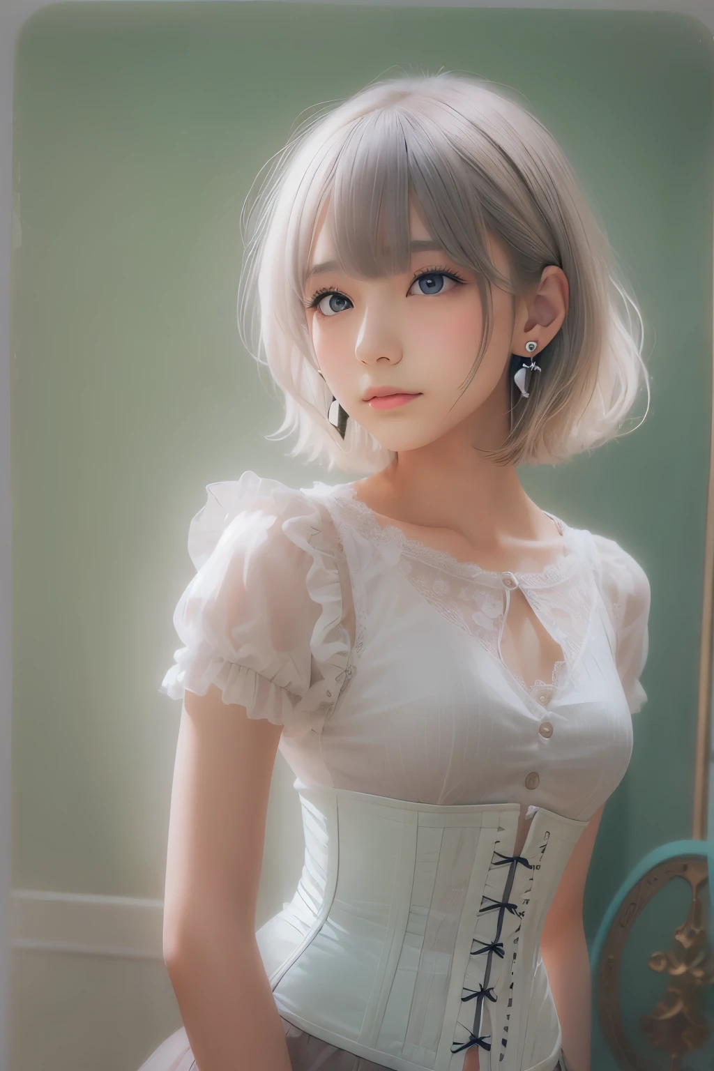 ((sfw: 1.4)), ((detailed face, professional photography)), ((sfw, corset top, earrings, necklac,, extra short hair, sidelocks-hair, 1 Girl)), Ultra High Resolution, (Realistic: 1.4), RAW Photo, Best Quality, (Photorealistic Stick), Focus, Soft Light, (()), ((Japanese)), (( (young face))), (surface), (depth of field), masterpiece, (realistic), woman, bangs, ((1 girl))