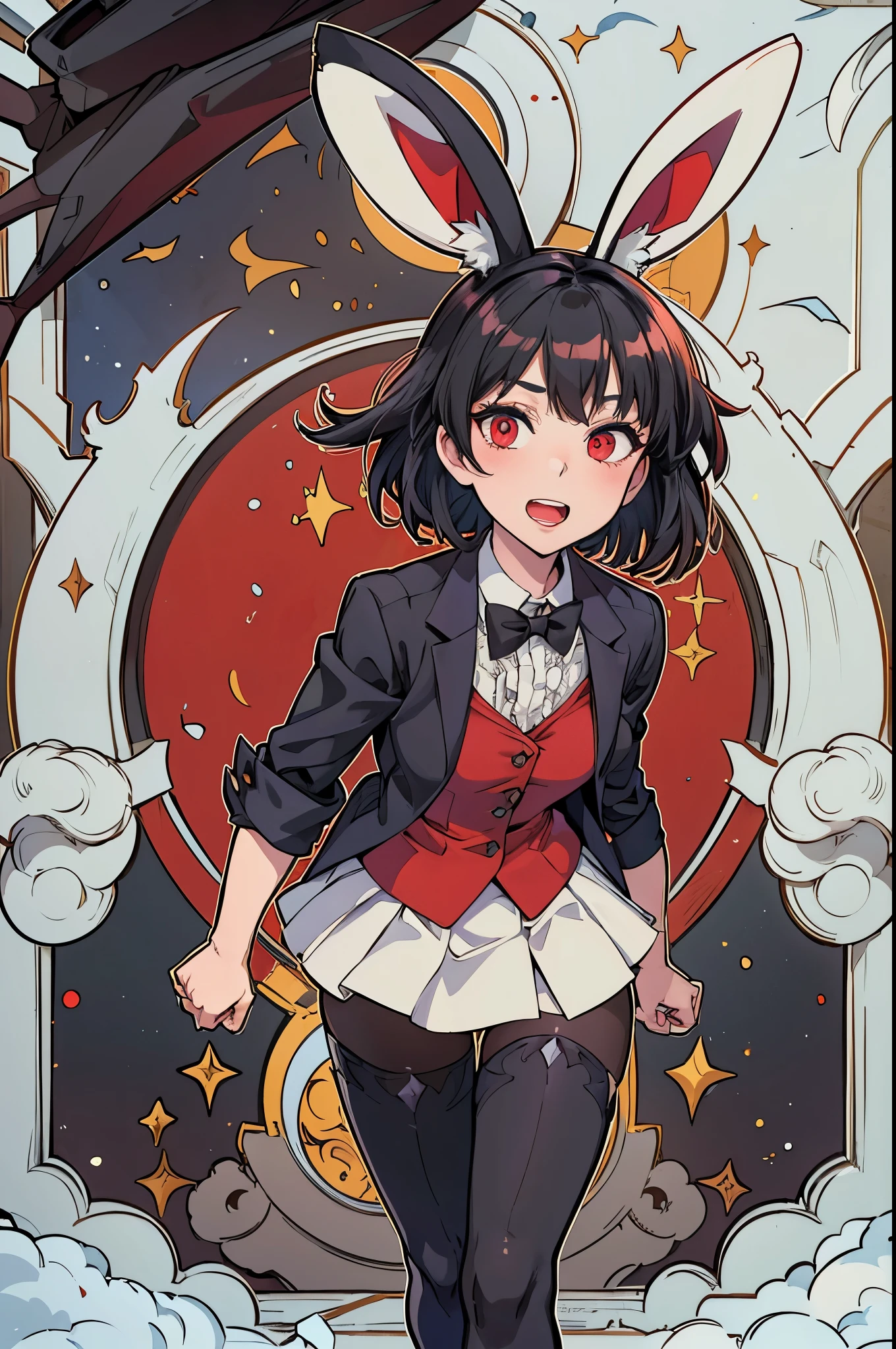 anime girl, tall, short black hair, Bangs are heavy, bunny ears, vampire, red eyes, ((best quality)), ((highly detailed)), masterpiece, absurdres, (detailed eyes, deep eyes), (1girl), cape, Outside at night when the moon shines, dress, frills, The sleeves are wide at the hem, long sleeve shirt, black tie, Stockings, boots